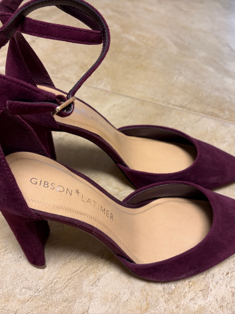 Gibson Latimer Plum Suede Pointed-Toe Ankle-Strap Heels